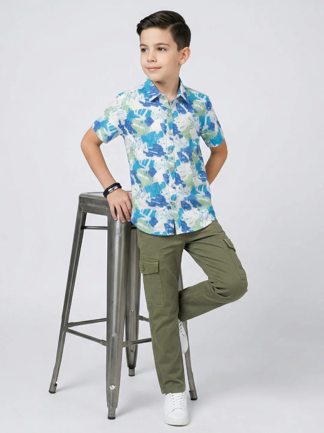 Boys White Printed Collar Half Sleeve Shirt - Image 5