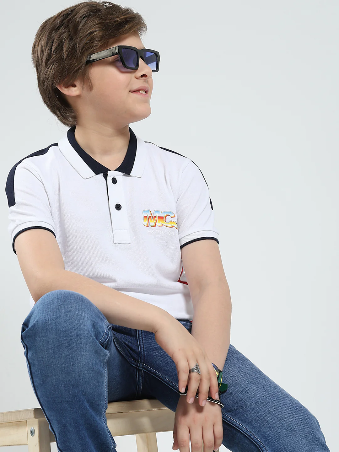 Boys White Printed Collar Half Sleeve T-Shirt - Image 6