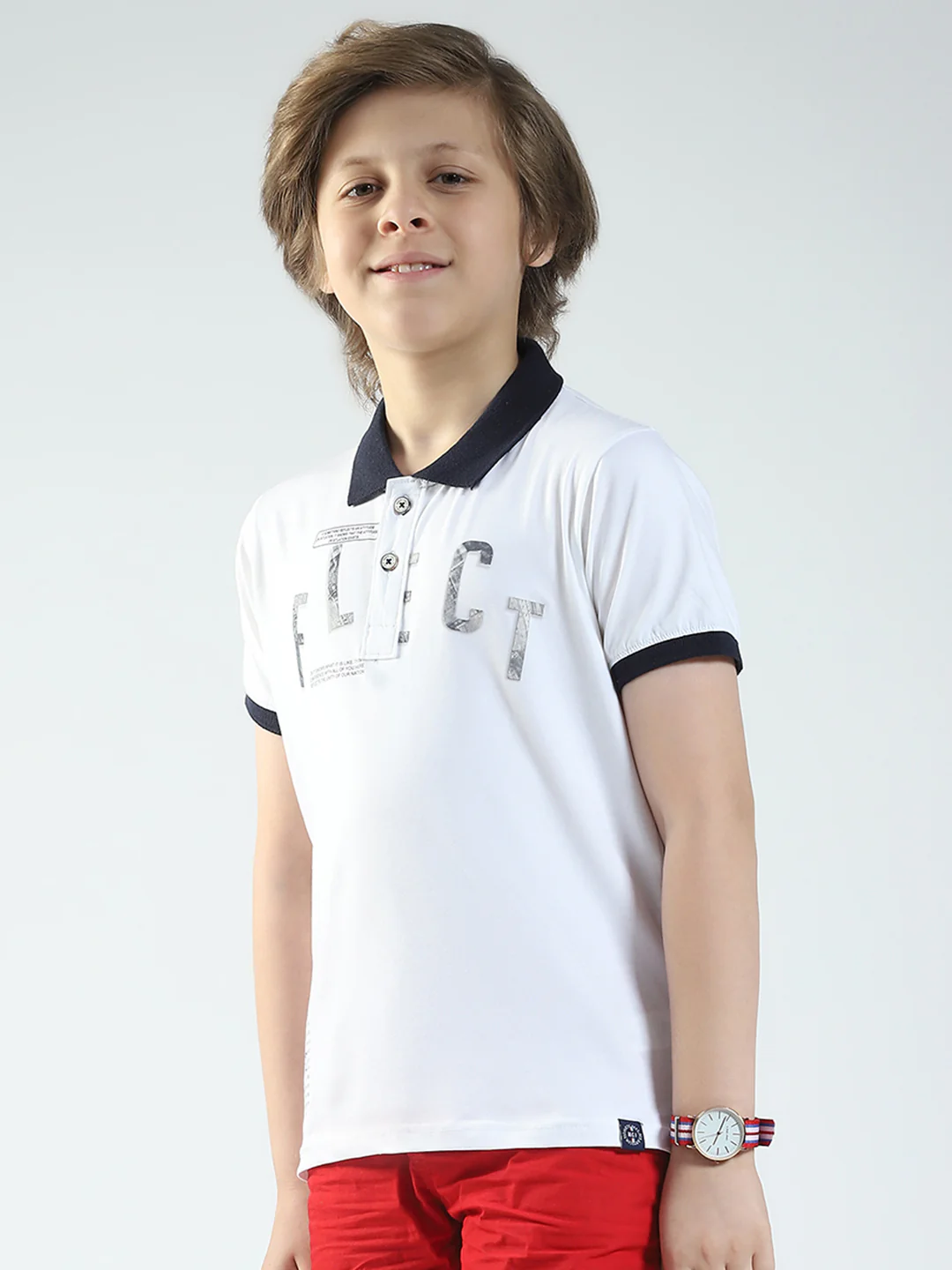 Boys White Printed Collar Half Sleeve T-Shirt - Image 3