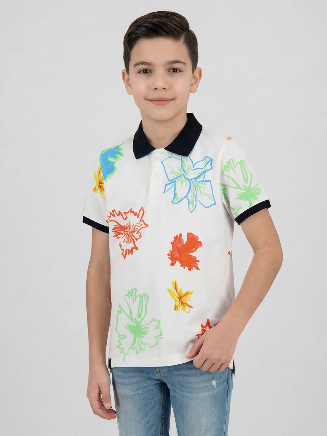 Boys White Printed Collar Half Sleeve T-Shirt