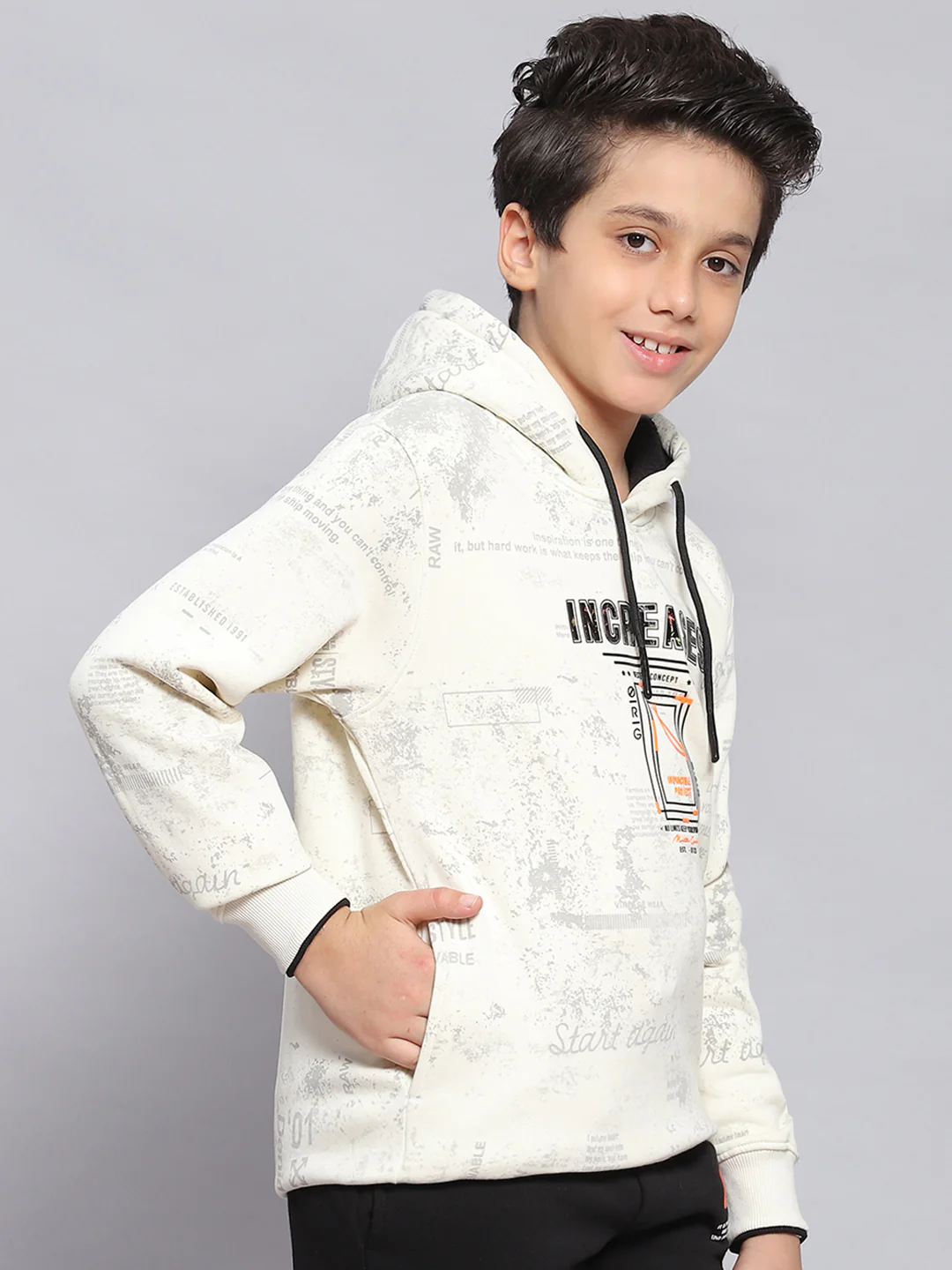 Boys White Printed Hooded Full Sleeve Sweatshirt - Image 4