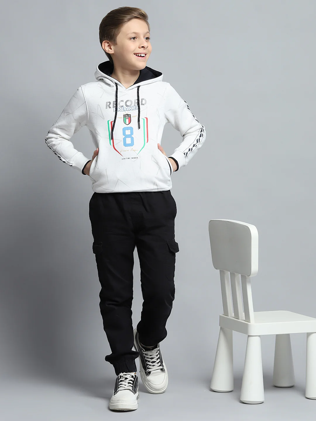 Boys White Printed Hooded Full Sleeve Sweatshirt - Image 2