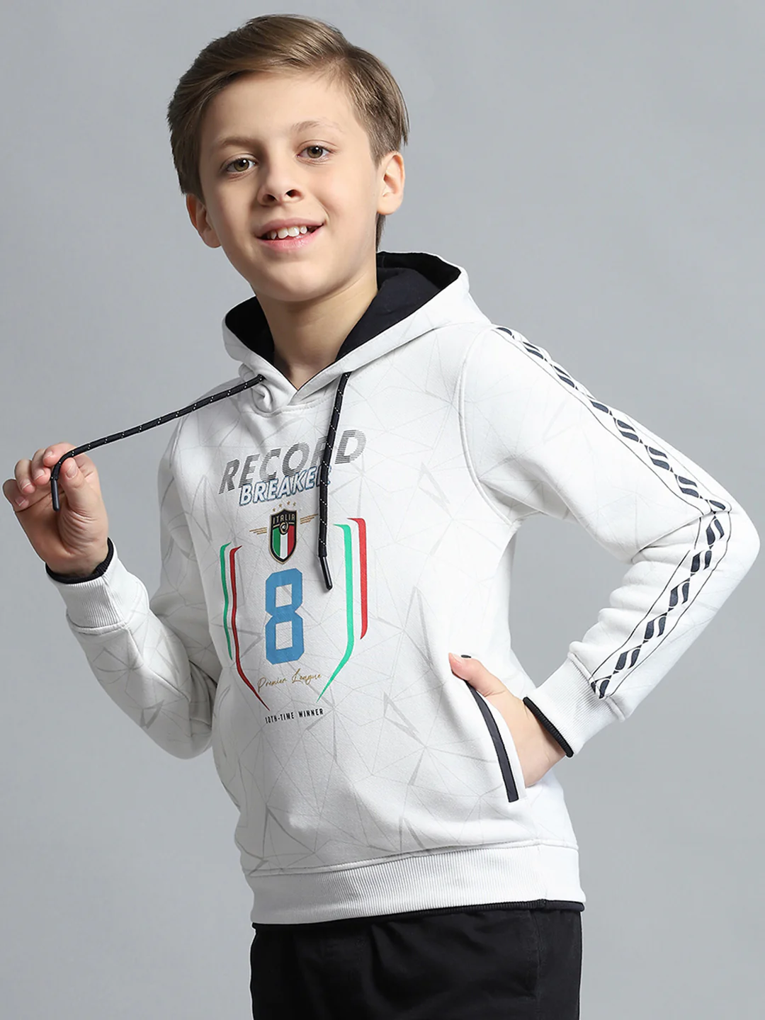 Boys White Printed Hooded Full Sleeve Sweatshirt - Image 3
