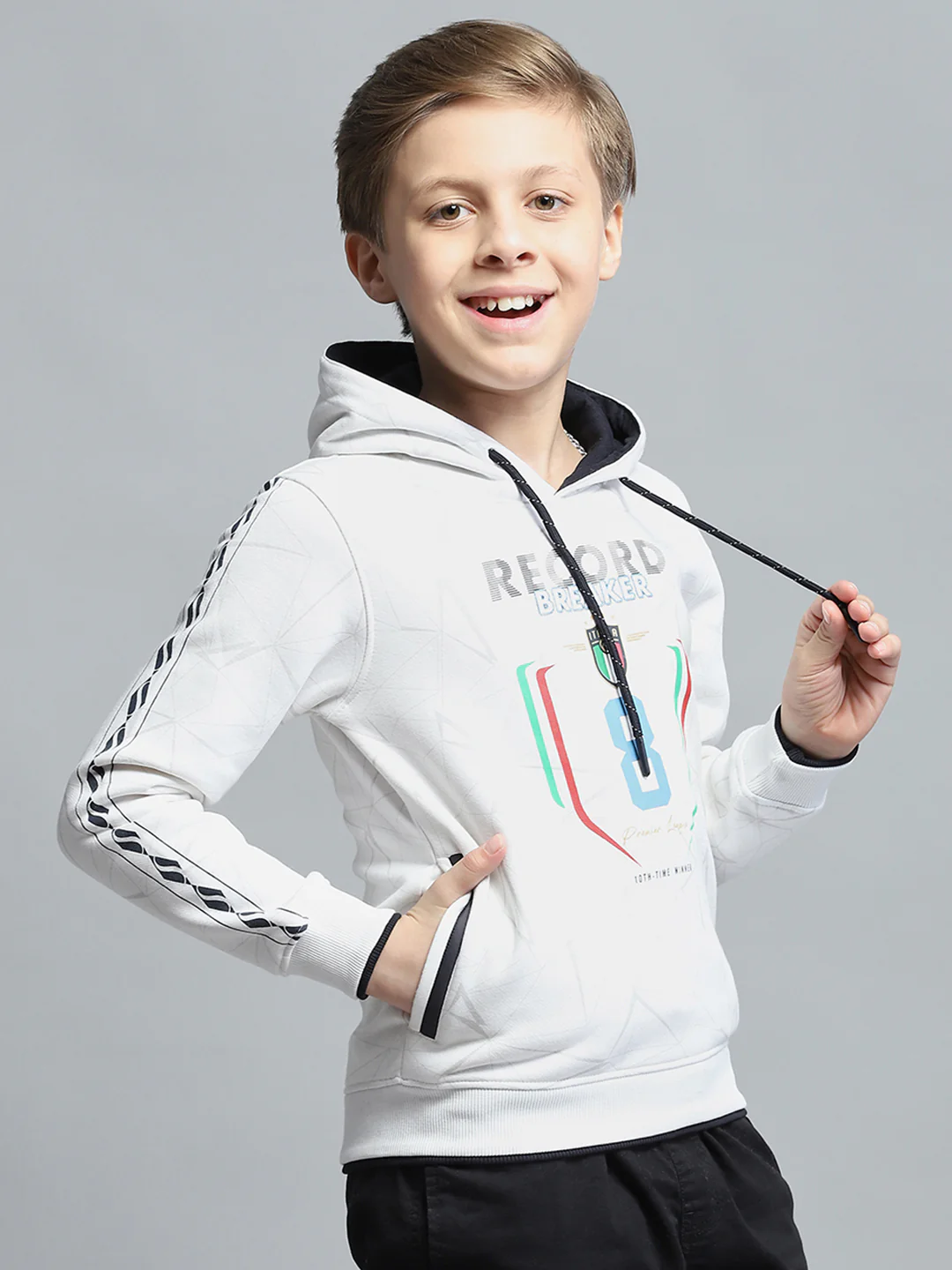 Boys White Printed Hooded Full Sleeve Sweatshirt - Image 4