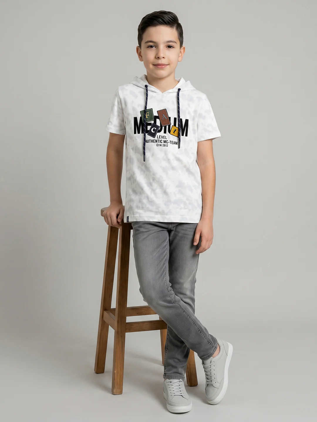 Boys White Printed Hooded Half Sleeve T-Shirt - Image 5