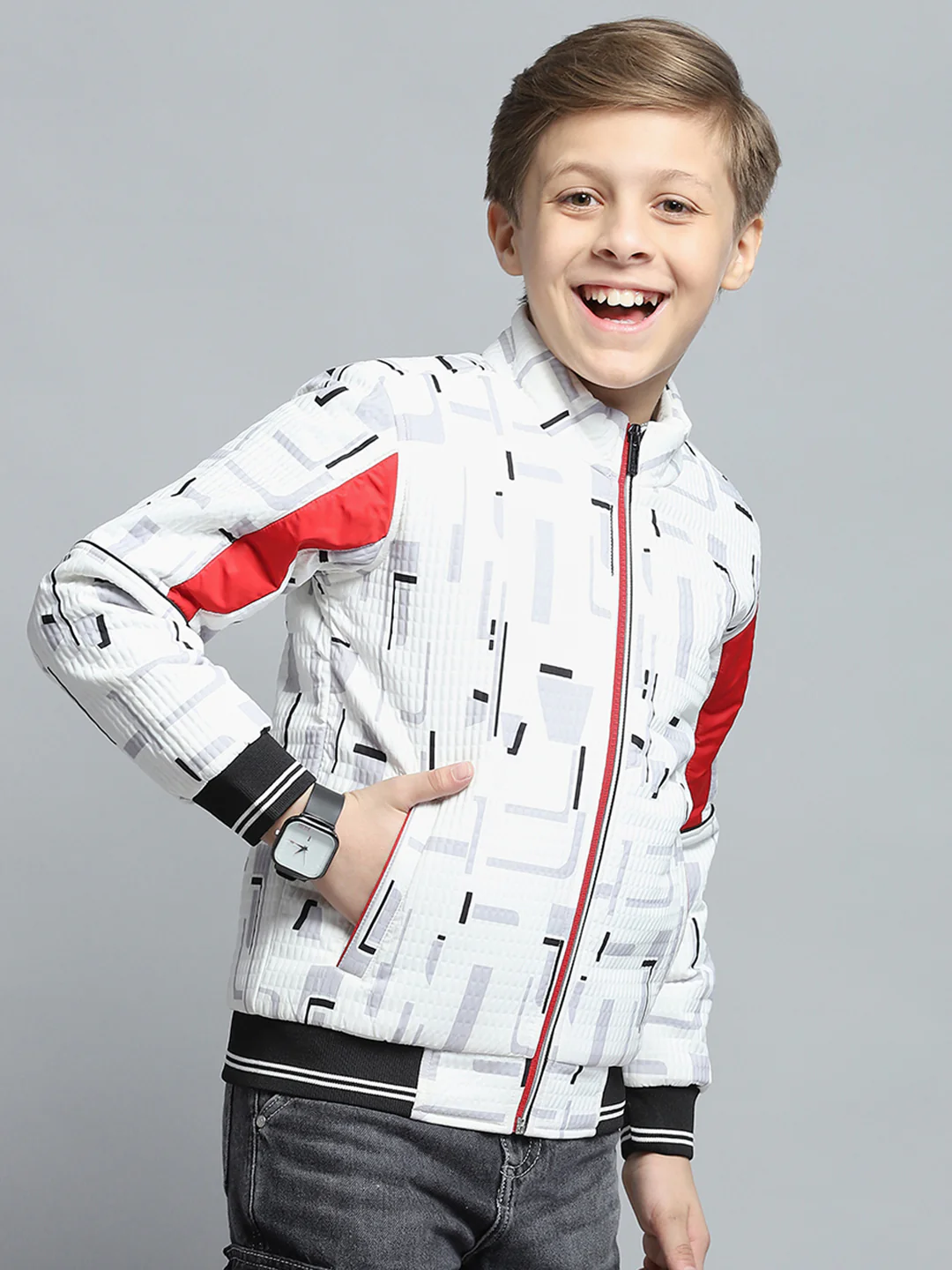 Boys White Printed Mock Neck Full Sleeve Jacket - Image 4