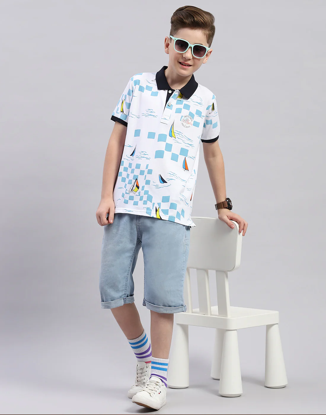 Boys White Printed Polo Collar Half Sleeve T-Shirt - Image 2