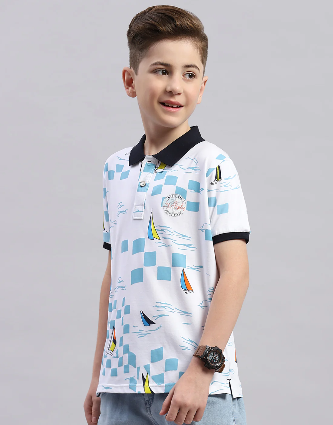 Boys White Printed Polo Collar Half Sleeve T-Shirt - Image 4