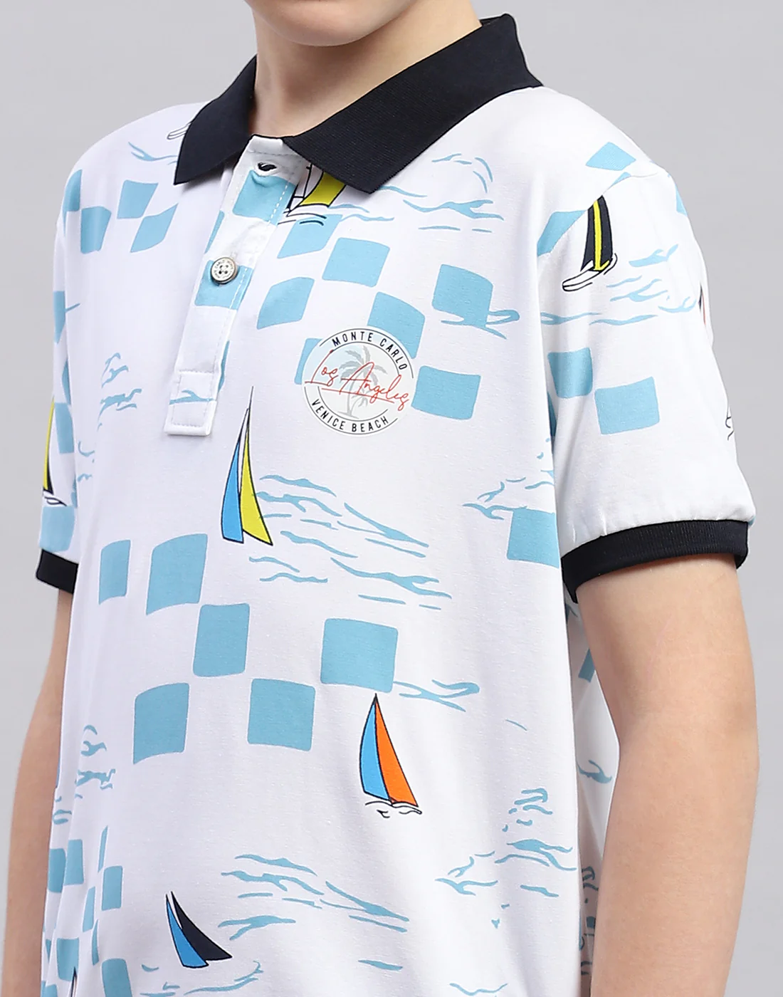 Boys White Printed Polo Collar Half Sleeve T-Shirt - Image 6