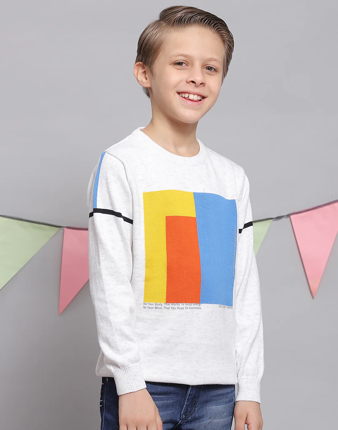 Boys White Printed Round Neck Full Sleeve Sweater - Image 5