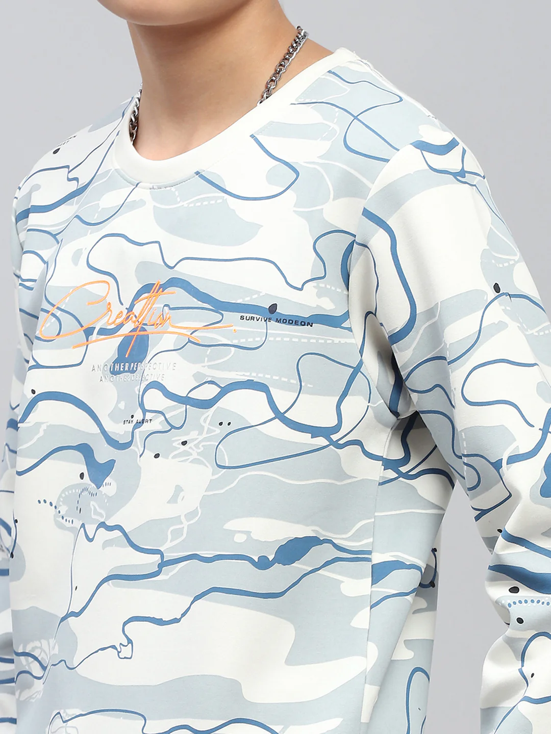 Boys White Printed Round Neck Full Sleeve Sweatshirt - Image 6
