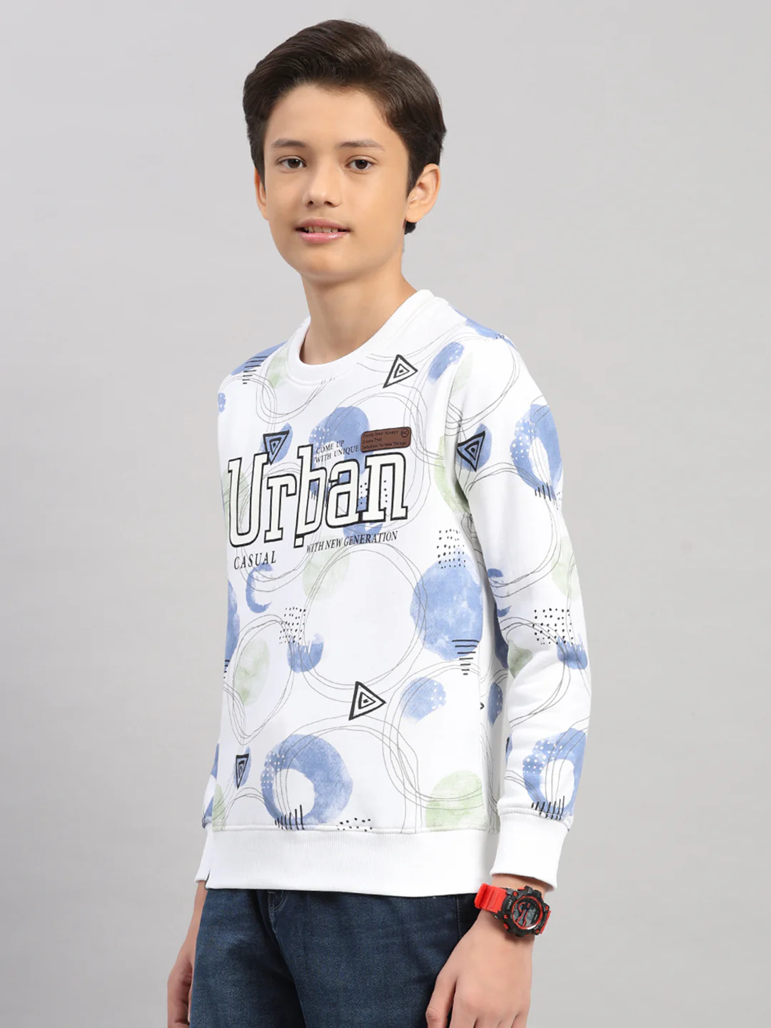 Boys White Printed Round Neck Full Sleeve Sweatshirt - Image 3