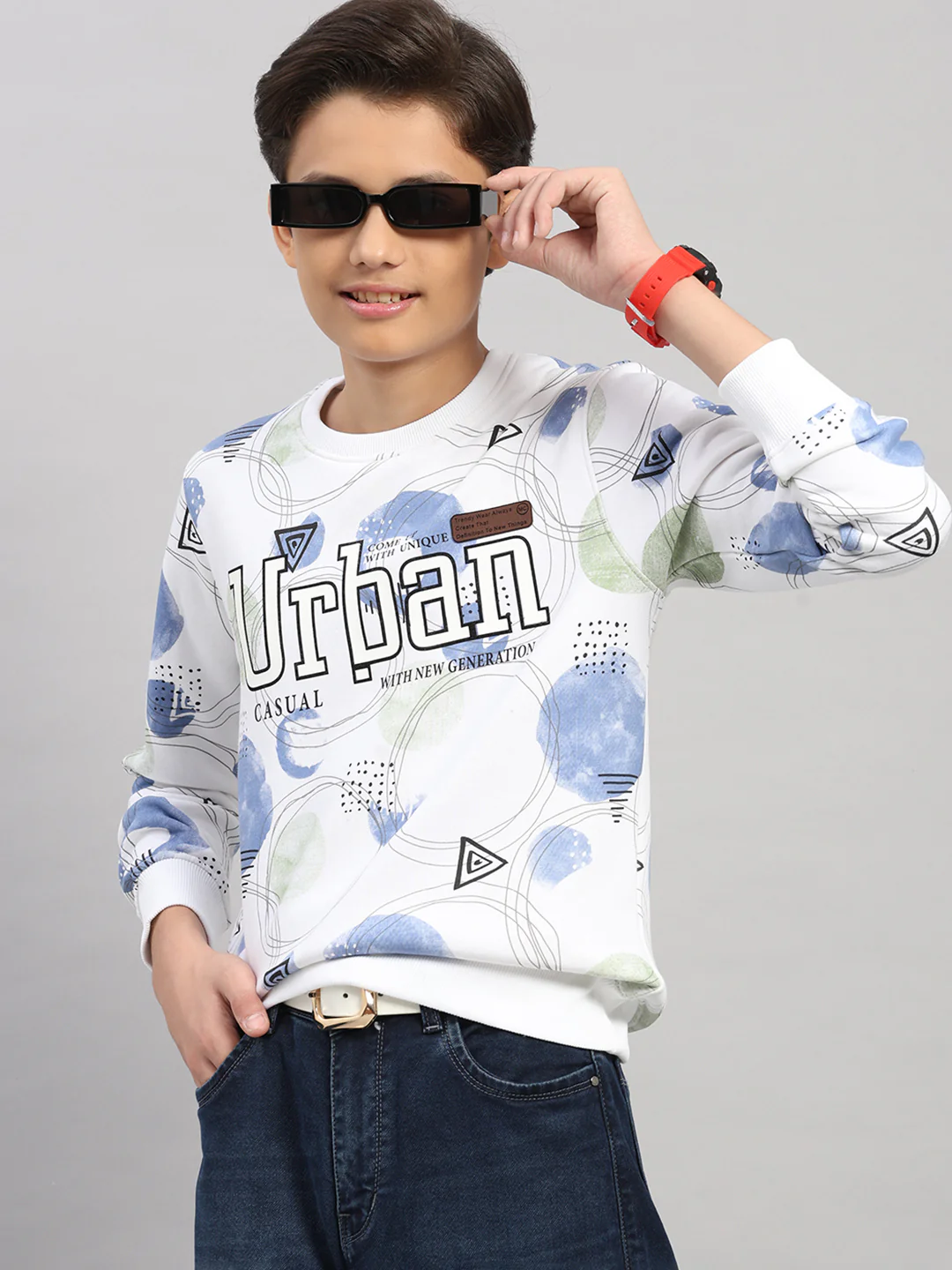 Boys White Printed Round Neck Full Sleeve Sweatshirt - Image 6