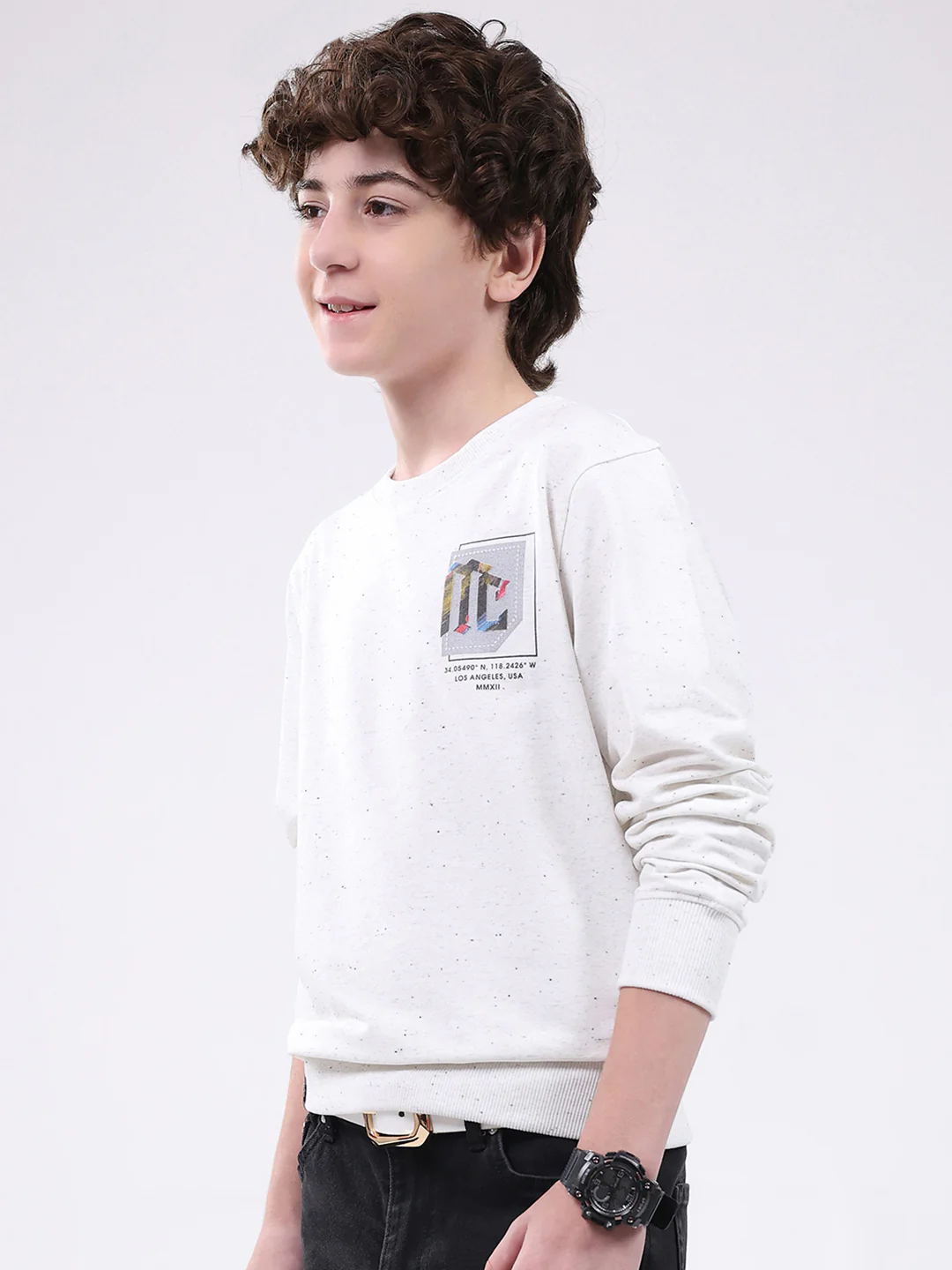 Boys White Printed Round Neck Full Sleeve Winter T-Shirt - Image 3