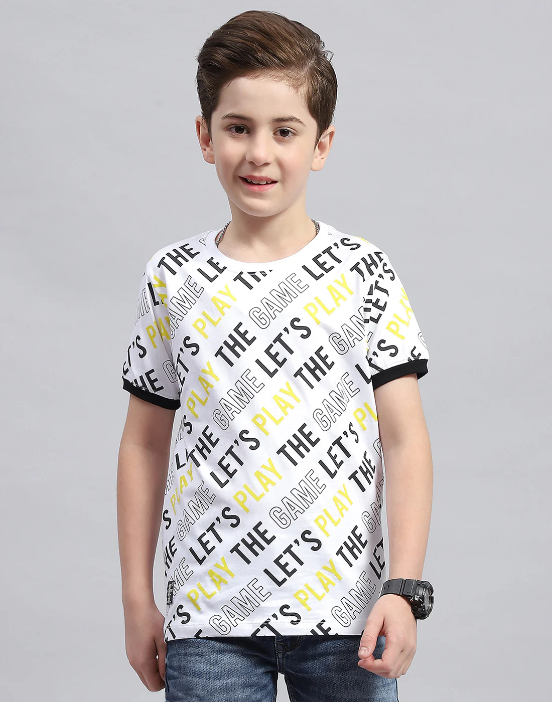 Boys White Printed Round Neck Half Sleeve T-Shirt - Image 2