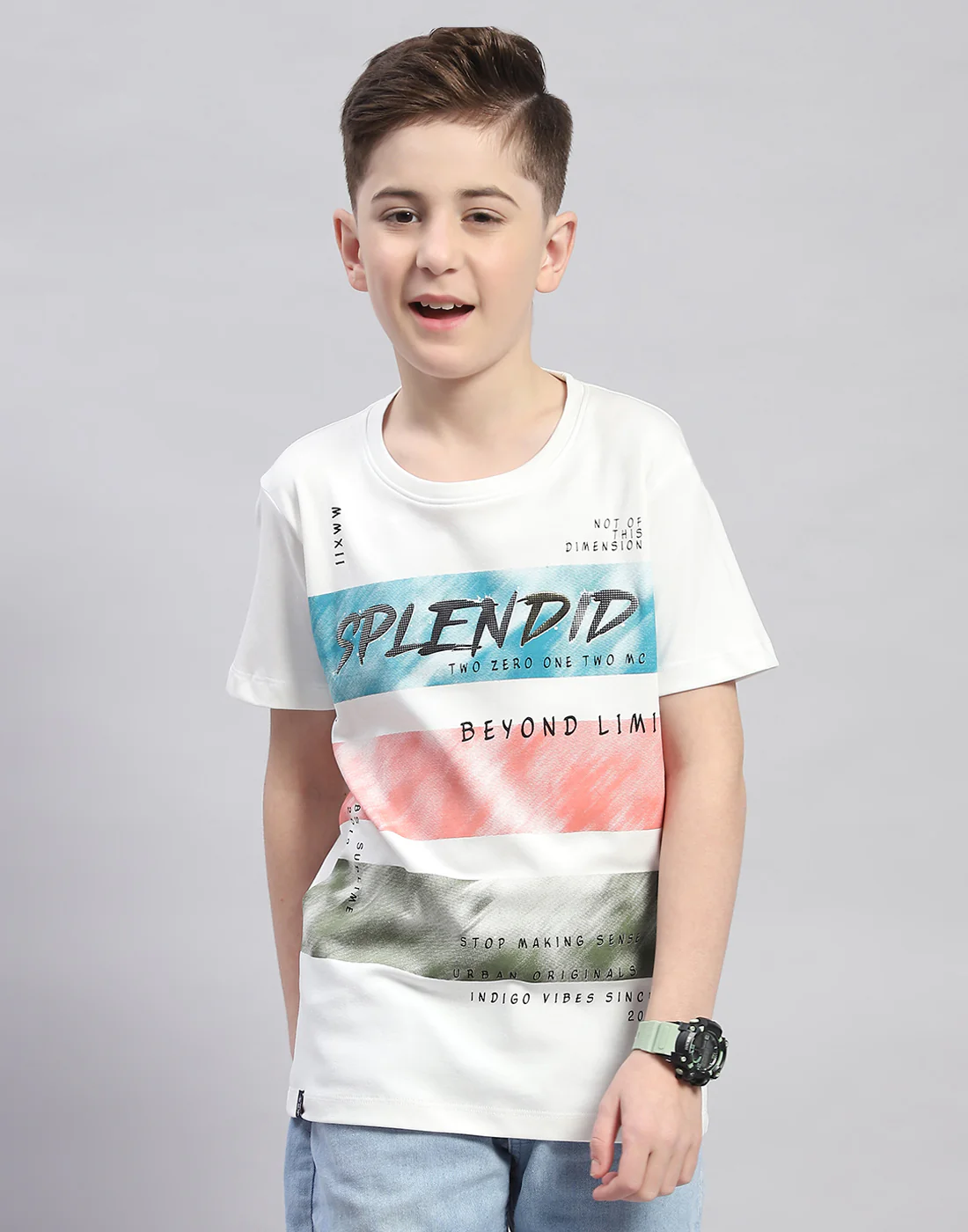 Boys White Printed Round Neck Half Sleeve T-Shirt - Image 2