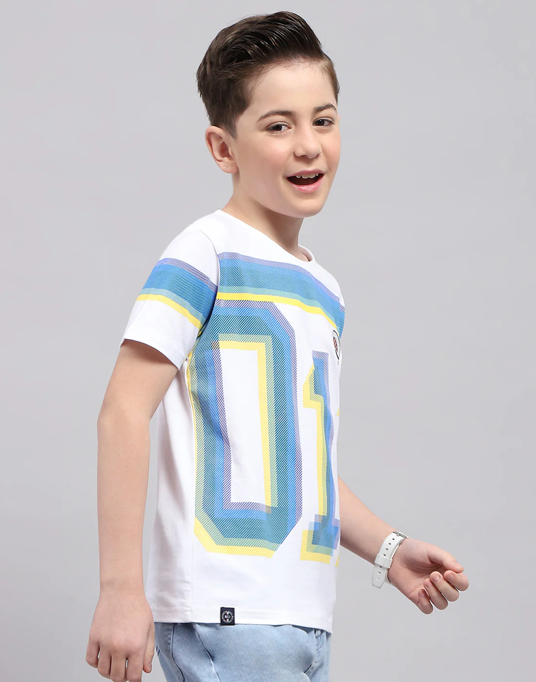 Boys White Printed Round Neck Half Sleeve T-Shirt - Image 4
