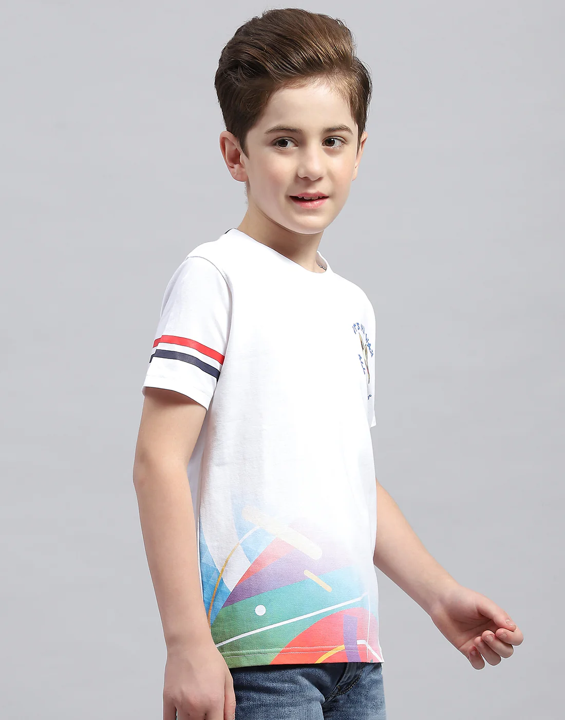 Boys White Printed Round Neck Half Sleeve T-Shirt - Image 4