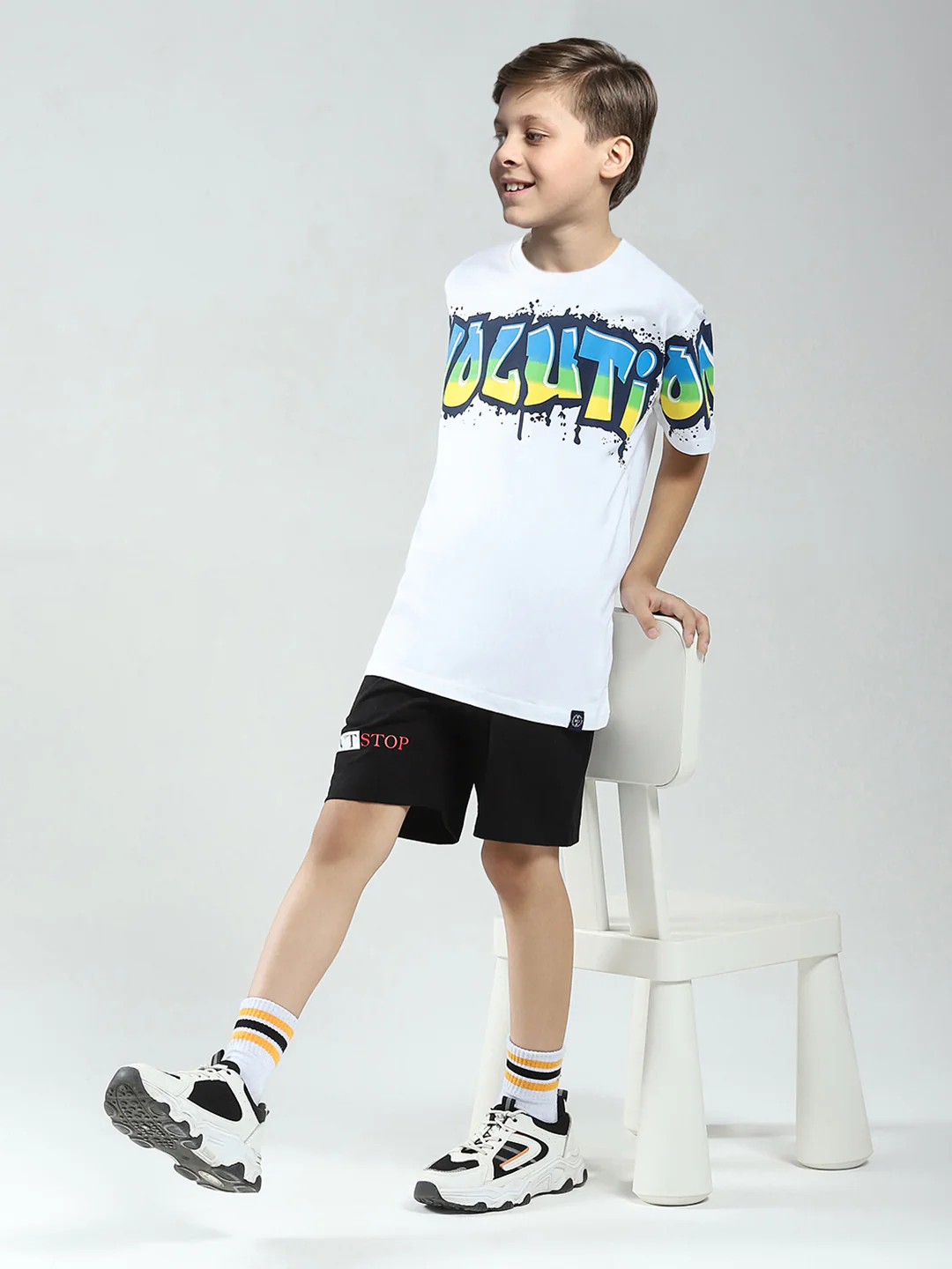 Boys White Printed Round Neck Half Sleeve T-Shirt - Image 2