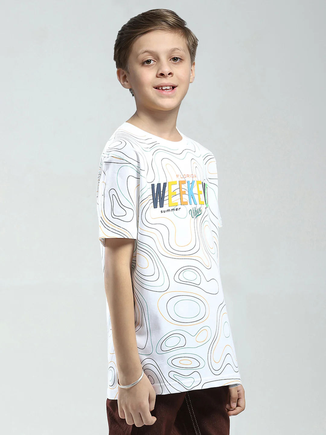 Boys White Printed Round Neck Half Sleeve T-Shirt - Image 4