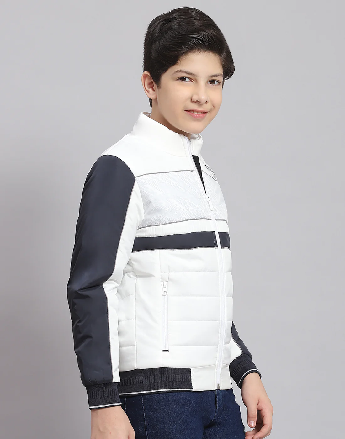 Boys White Printed Stand Collar Full Sleeve Boys Jacket - Image 4