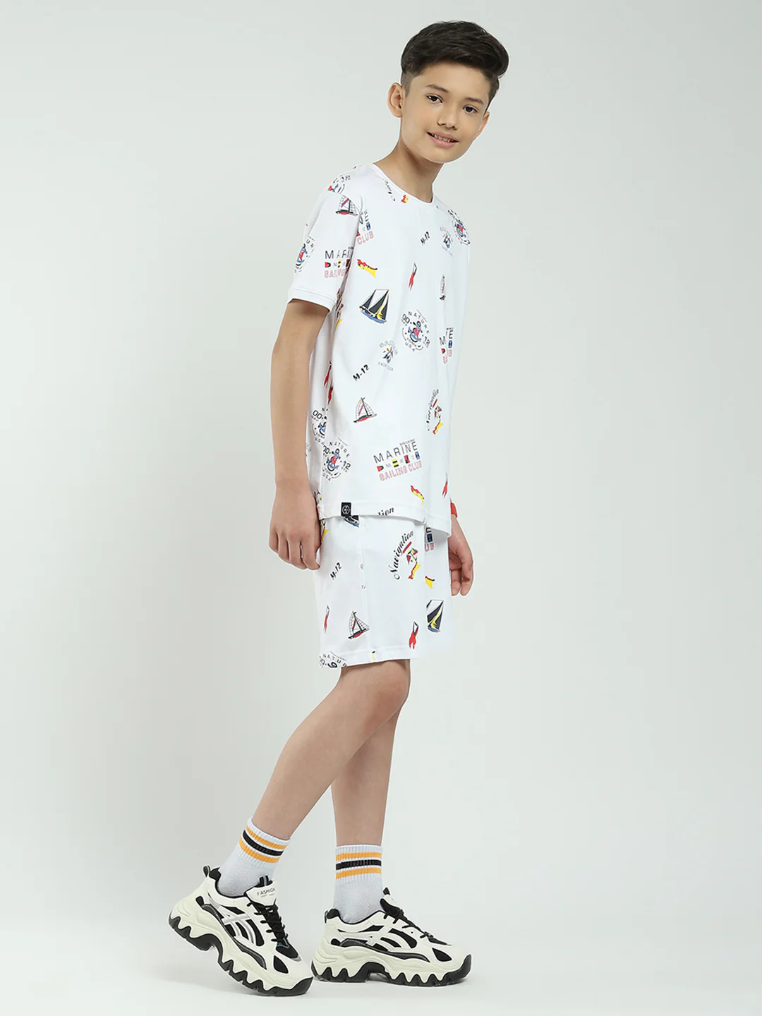 Boys White Printed Round Neck Half Sleeve Bermuda Set - Image 4