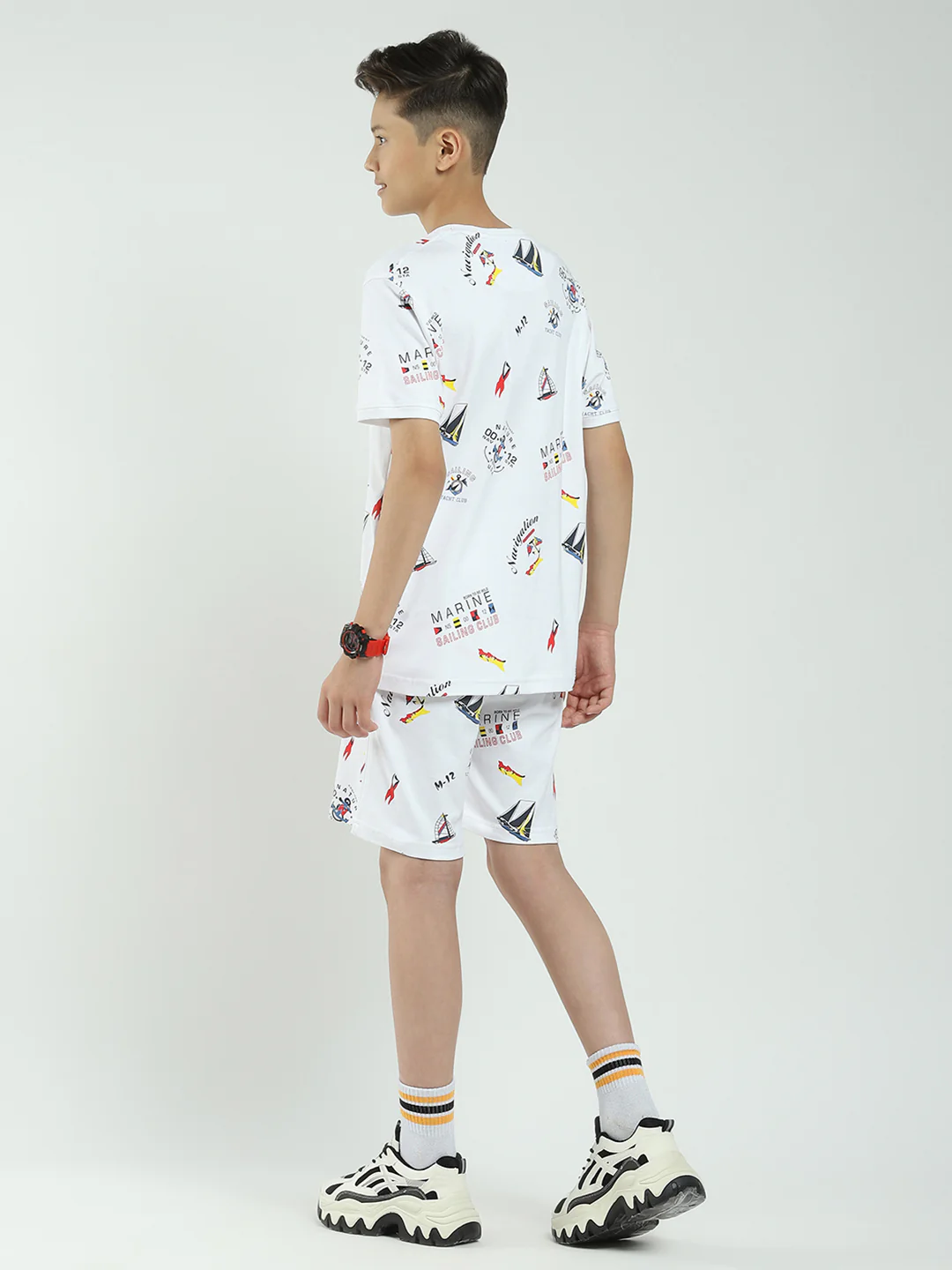 Boys White Printed Round Neck Half Sleeve Bermuda Set - Image 5