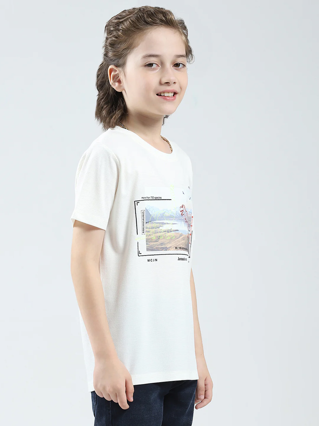 Boys White Printed Round Neck Half Sleeve T-Shirt - Image 4
