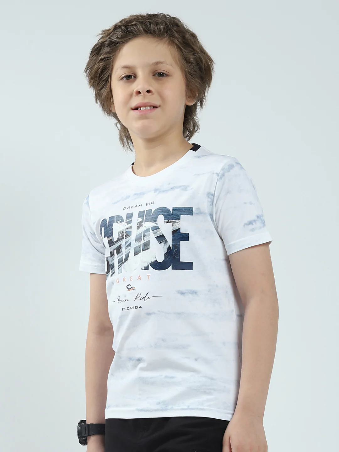 Boys White Printed Round Neck Half Sleeve T-Shirt - Image 3