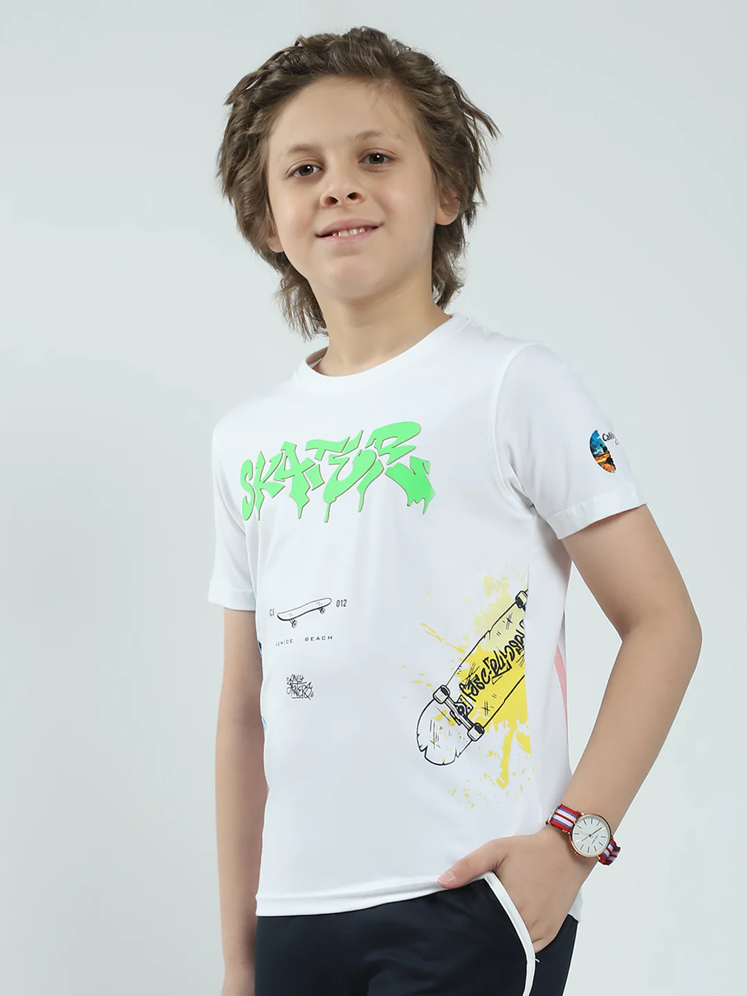 Boys White Printed Round Neck Half Sleeve T-Shirt - Image 3