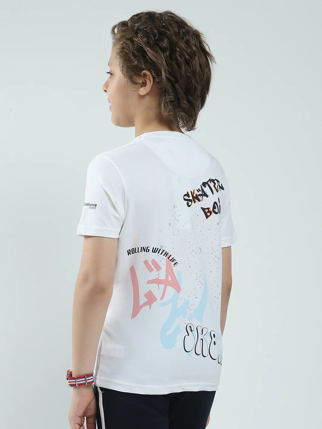 Boys White Printed Round Neck Half Sleeve T-Shirt - Image 5