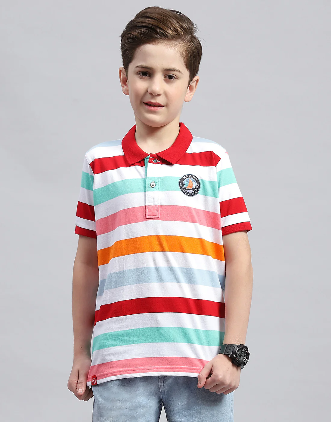 Boys White & Red Stripe Polo Collar Half Sleeve T-Shirt - Image 2