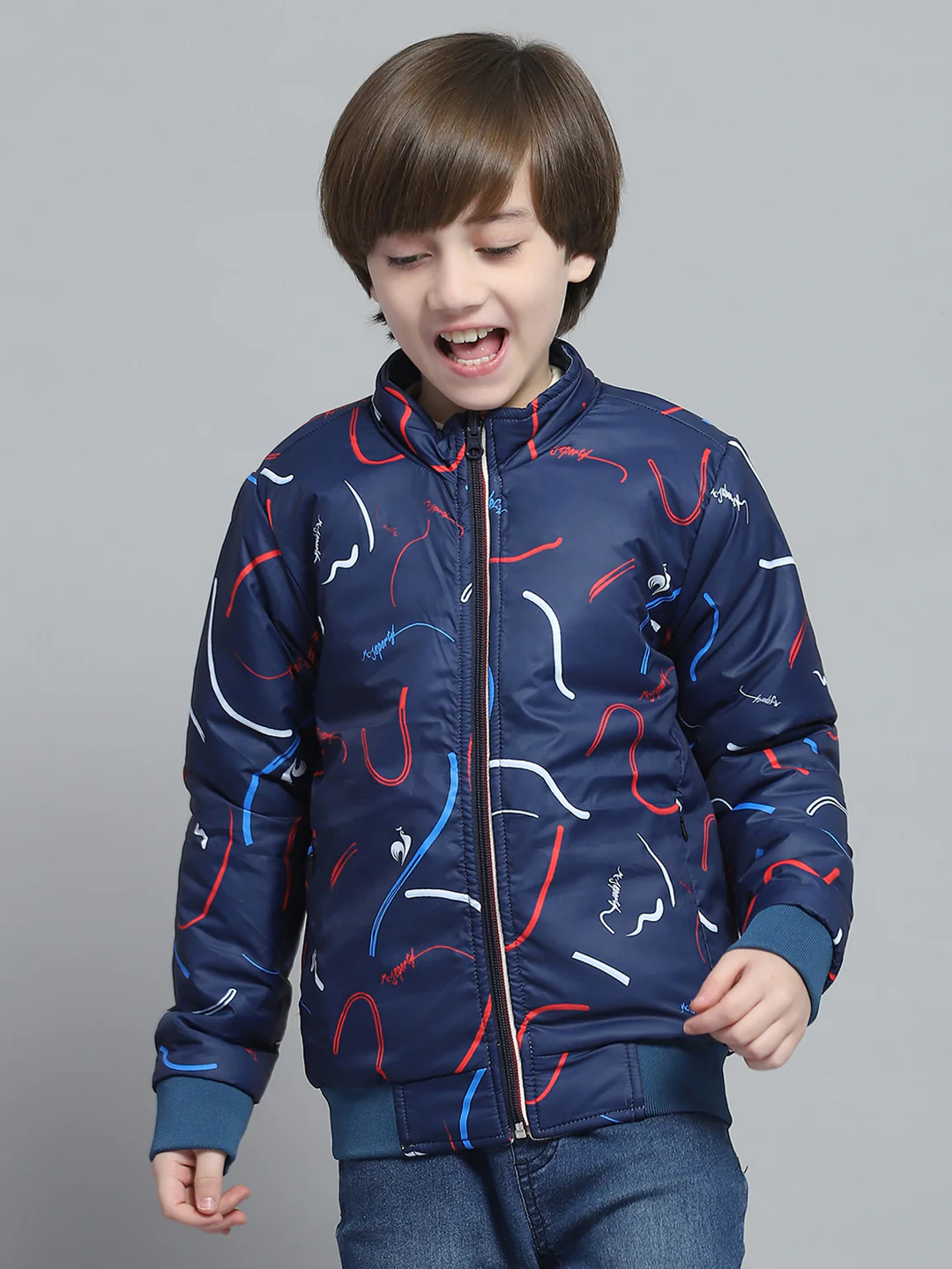 Boys White & Rust Printed Mock Neck Full Sleeve Reversible Jacket - Image 6