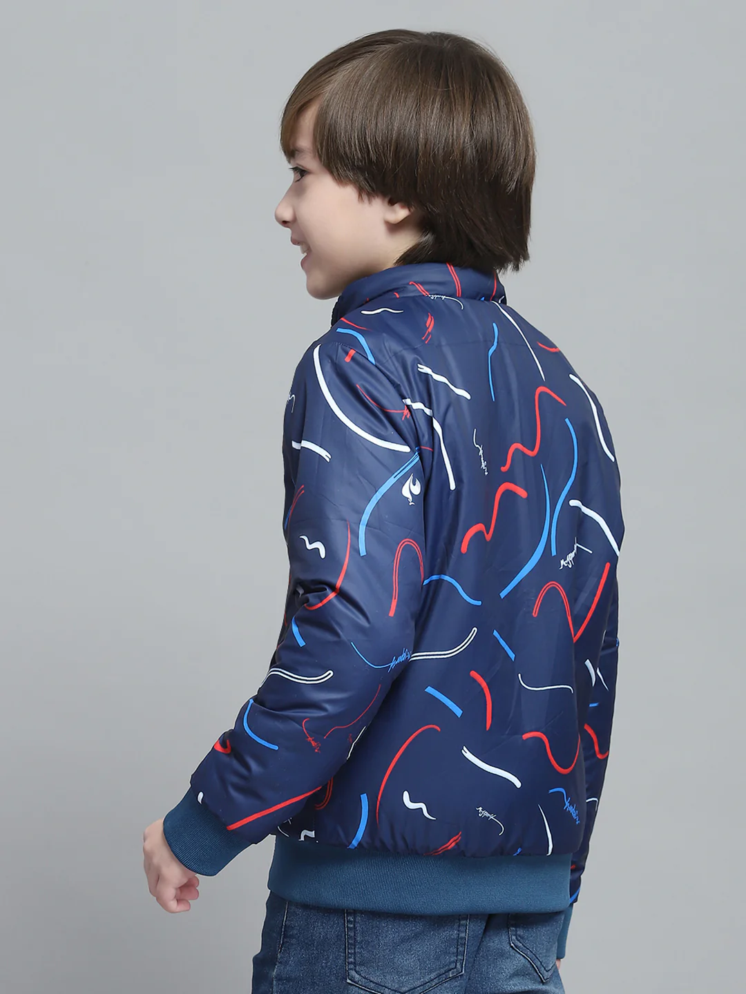 Boys White & Rust Printed Mock Neck Full Sleeve Reversible Jacket - Image 8