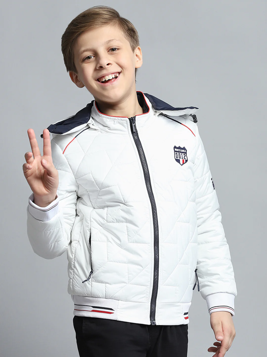 Boys White Self Design Detachable Hood Full Sleeve Jacket - Image 4