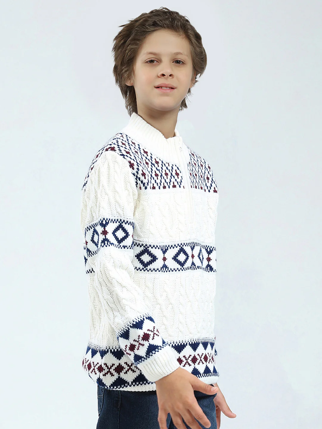 Boys White Self Design Mock Neck Full Sleeve Pullover - Image 4