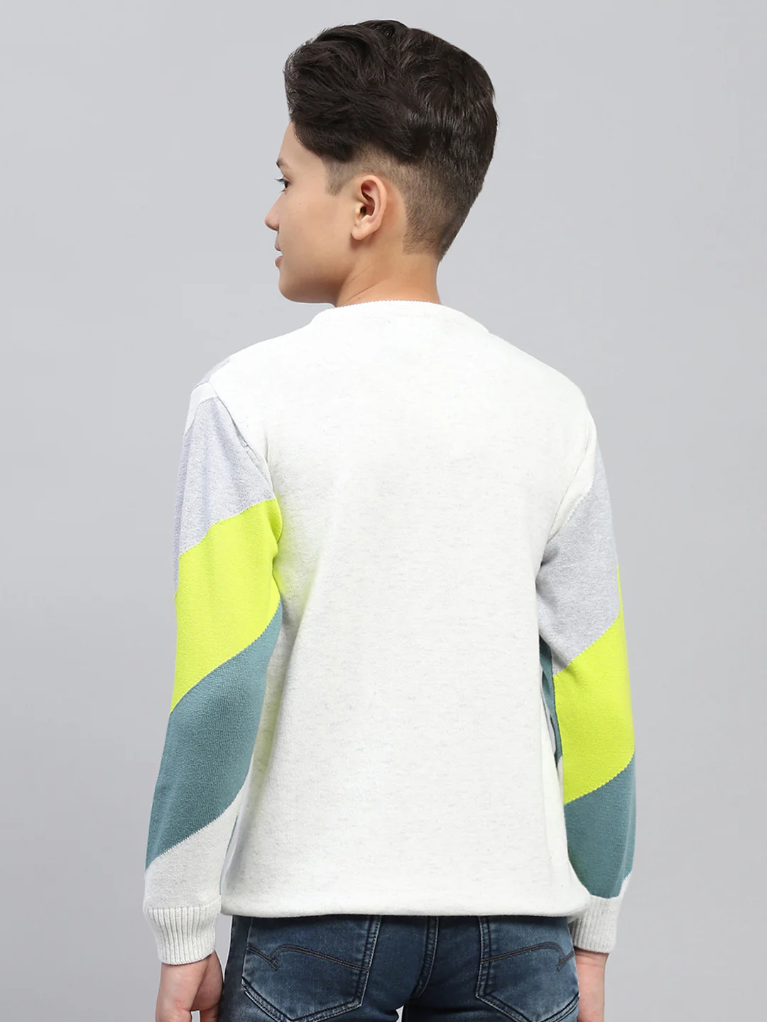 Boys White Self Design Round Neck Full Sleeve Pullover - Image 5