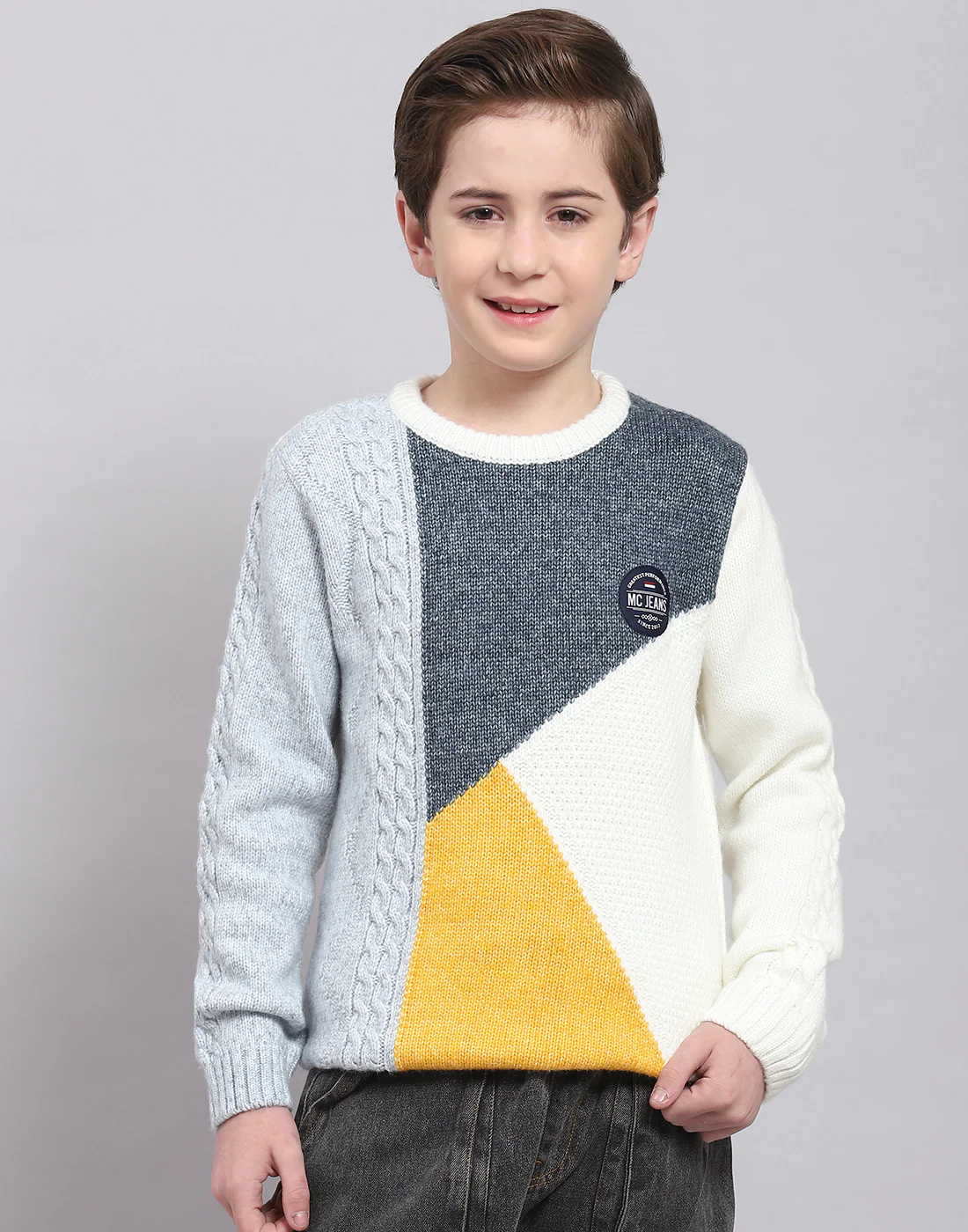 Boys White Self Design Round Neck Full Sleeve Sweater - Image 2