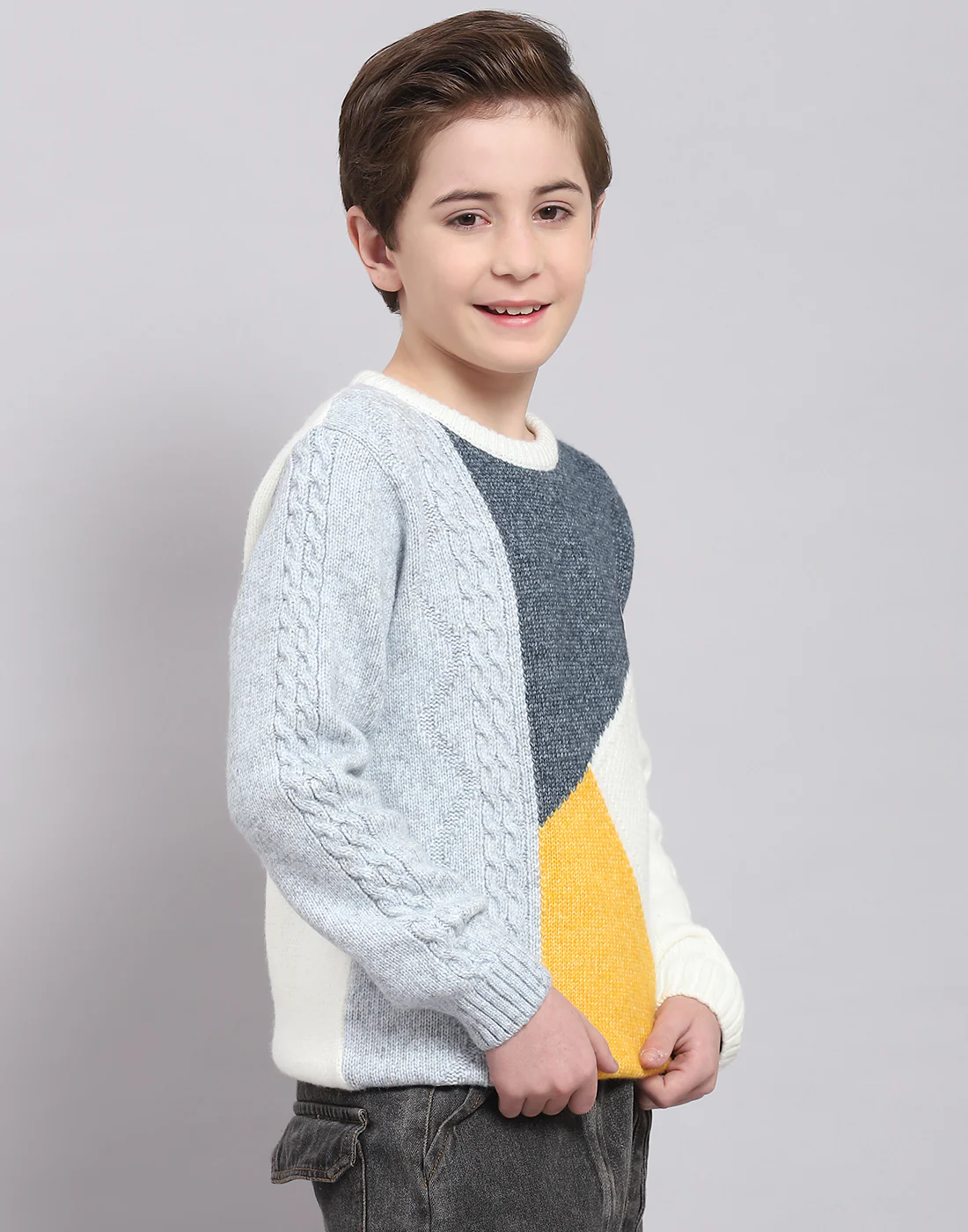 Boys White Self Design Round Neck Full Sleeve Sweater - Image 4
