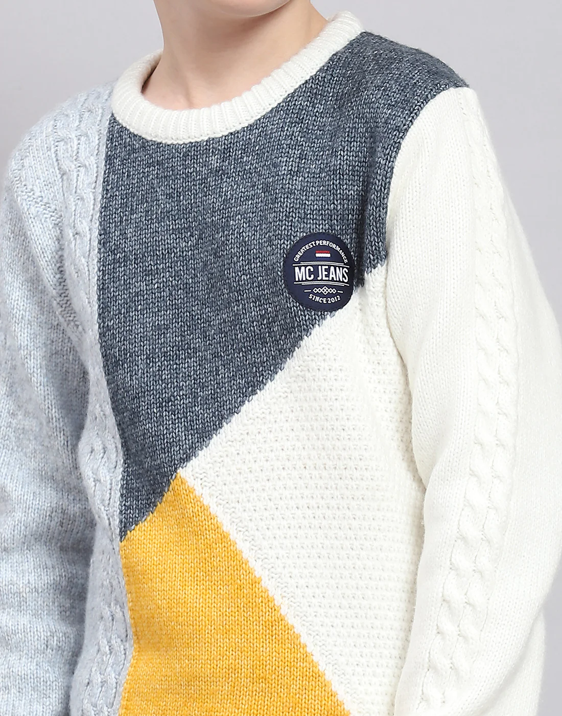 Boys White Self Design Round Neck Full Sleeve Sweater - Image 7