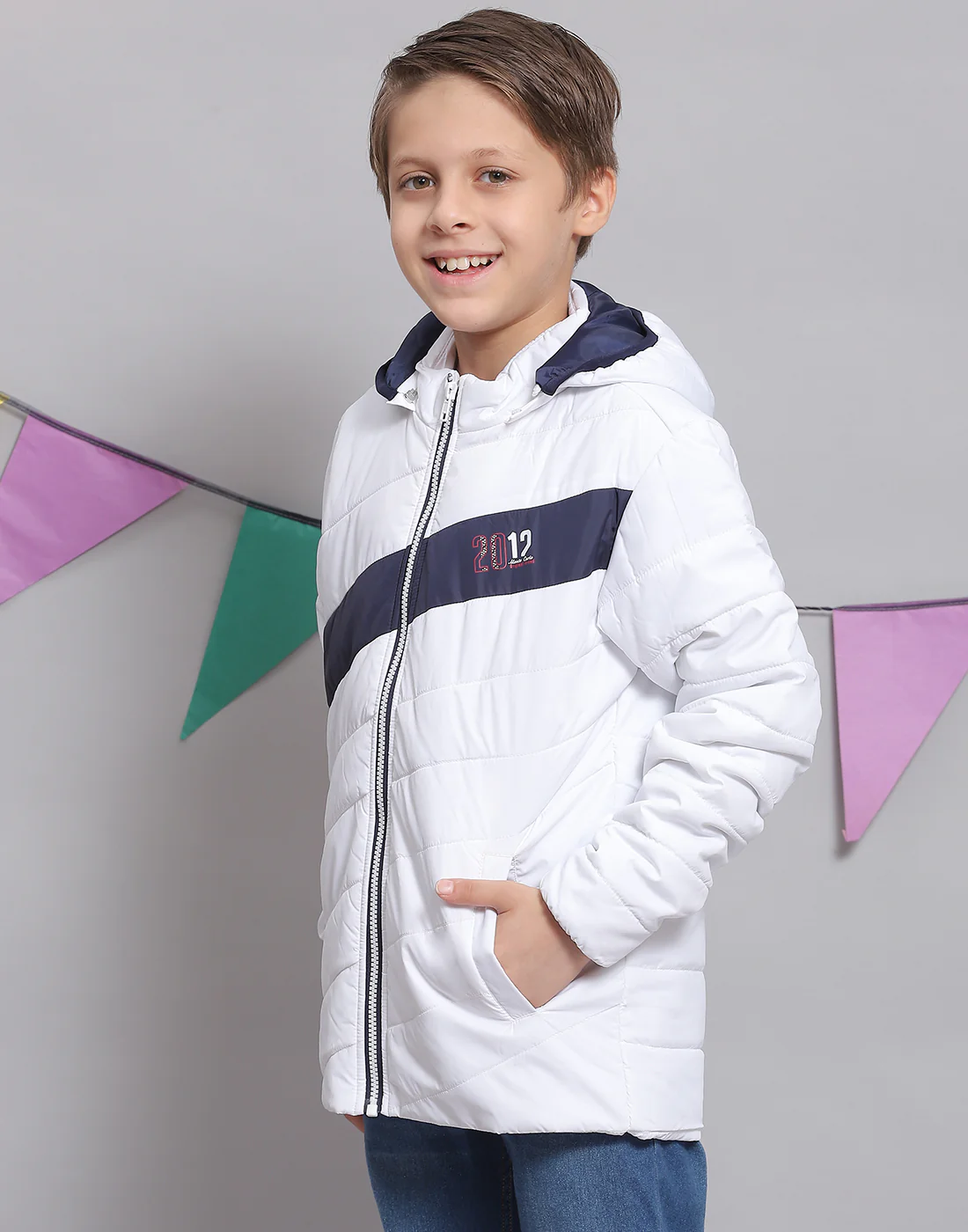 Boys White Solid Hooded Full Sleeve Boys Jacket - Image 3