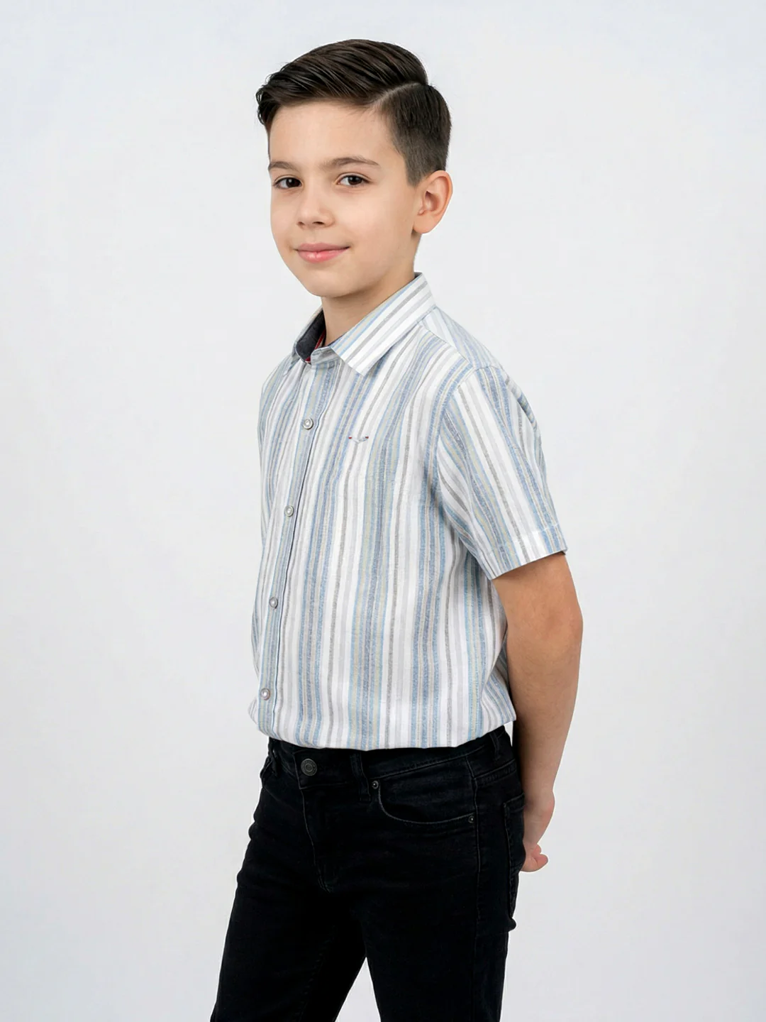 Boys White Stripe Collar Half Sleeve Shirt - Image 2