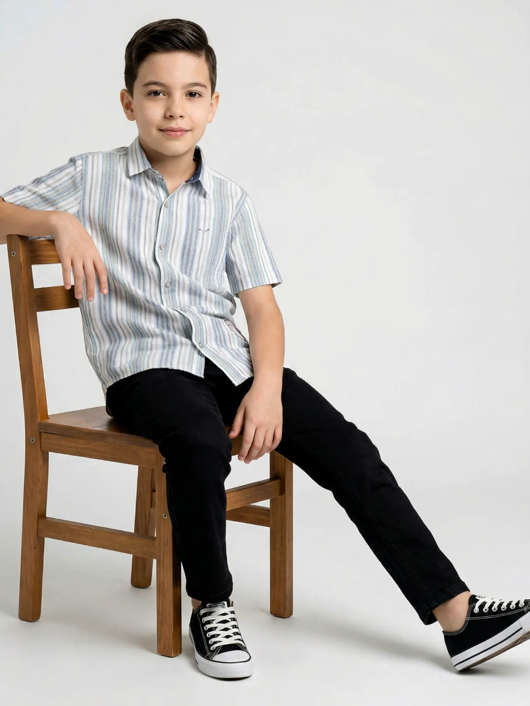 Boys White Stripe Collar Half Sleeve Shirt - Image 5