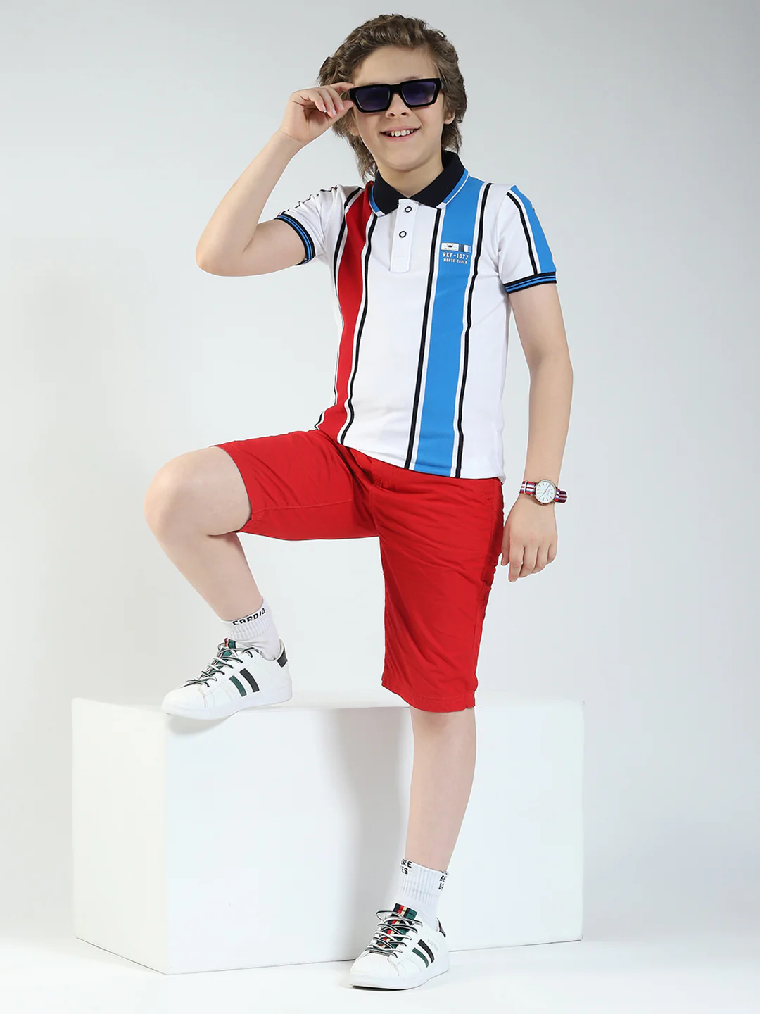 Boys White Stripe Collar Half Sleeve T-Shirt - Image 2