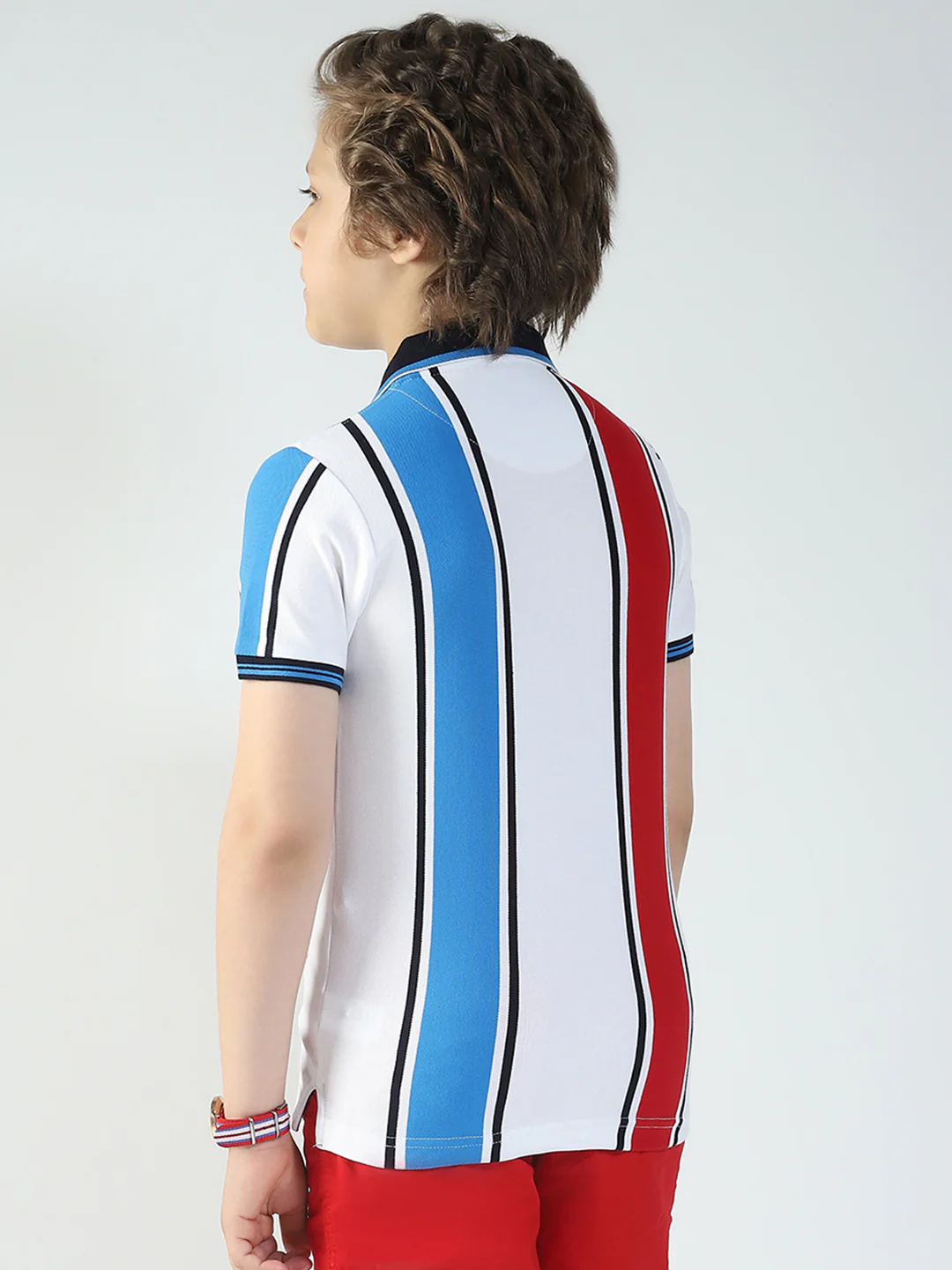 Boys White Stripe Collar Half Sleeve T-Shirt - Image 5