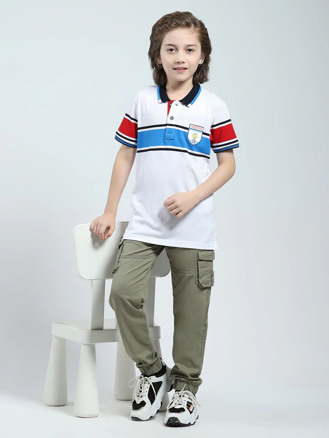Boys White Stripe Collar Half Sleeve T-Shirt - Image 2