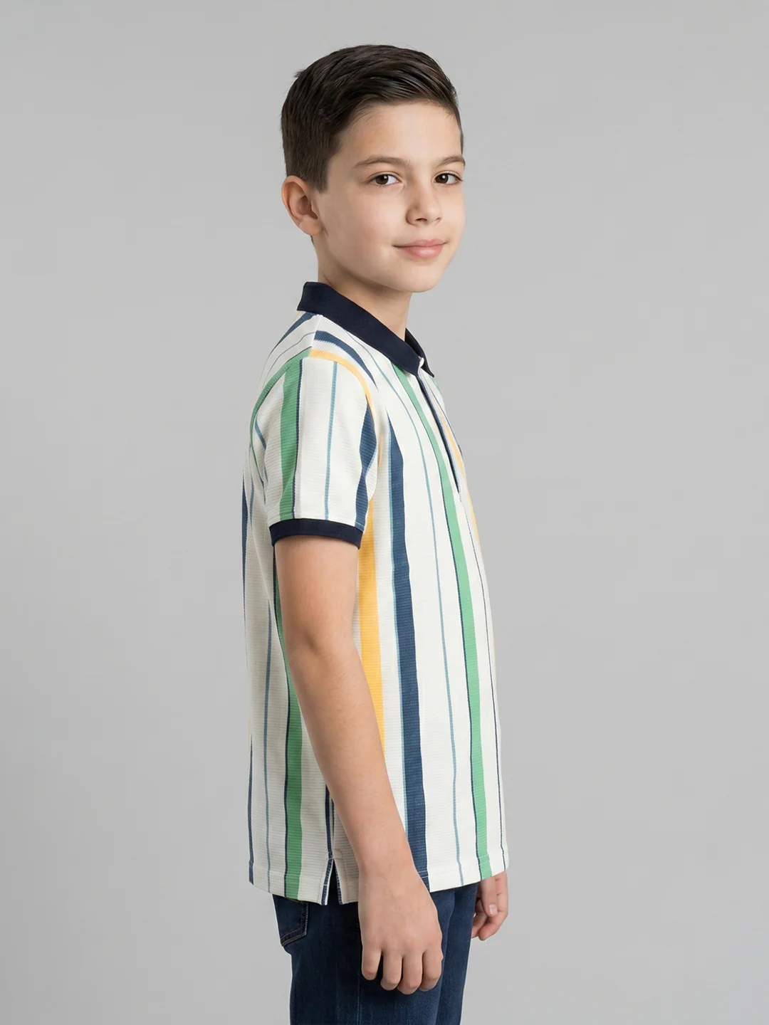 Boys White Stripe Collar Half Sleeve T-Shirt - Image 2