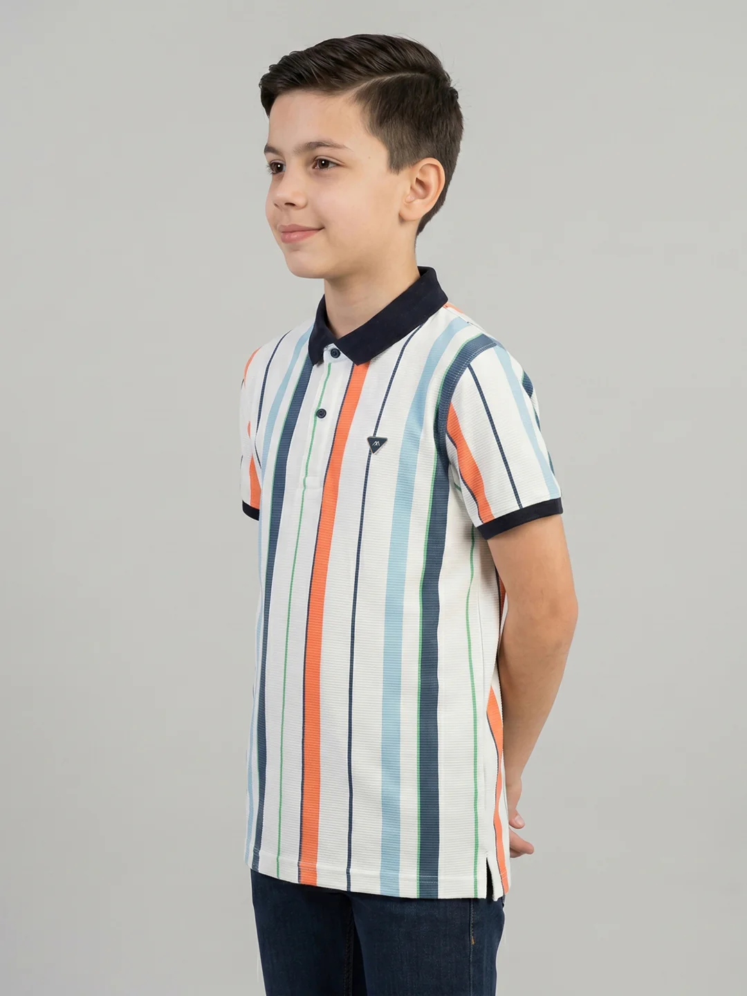 Boys White Stripe Collar Half Sleeve T-Shirt - Image 3