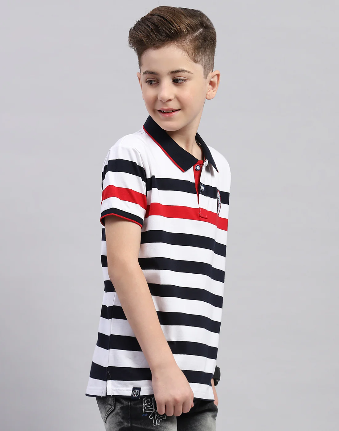 Boys White Stripe Polo Collar Half Sleeve T-Shirt - Image 5