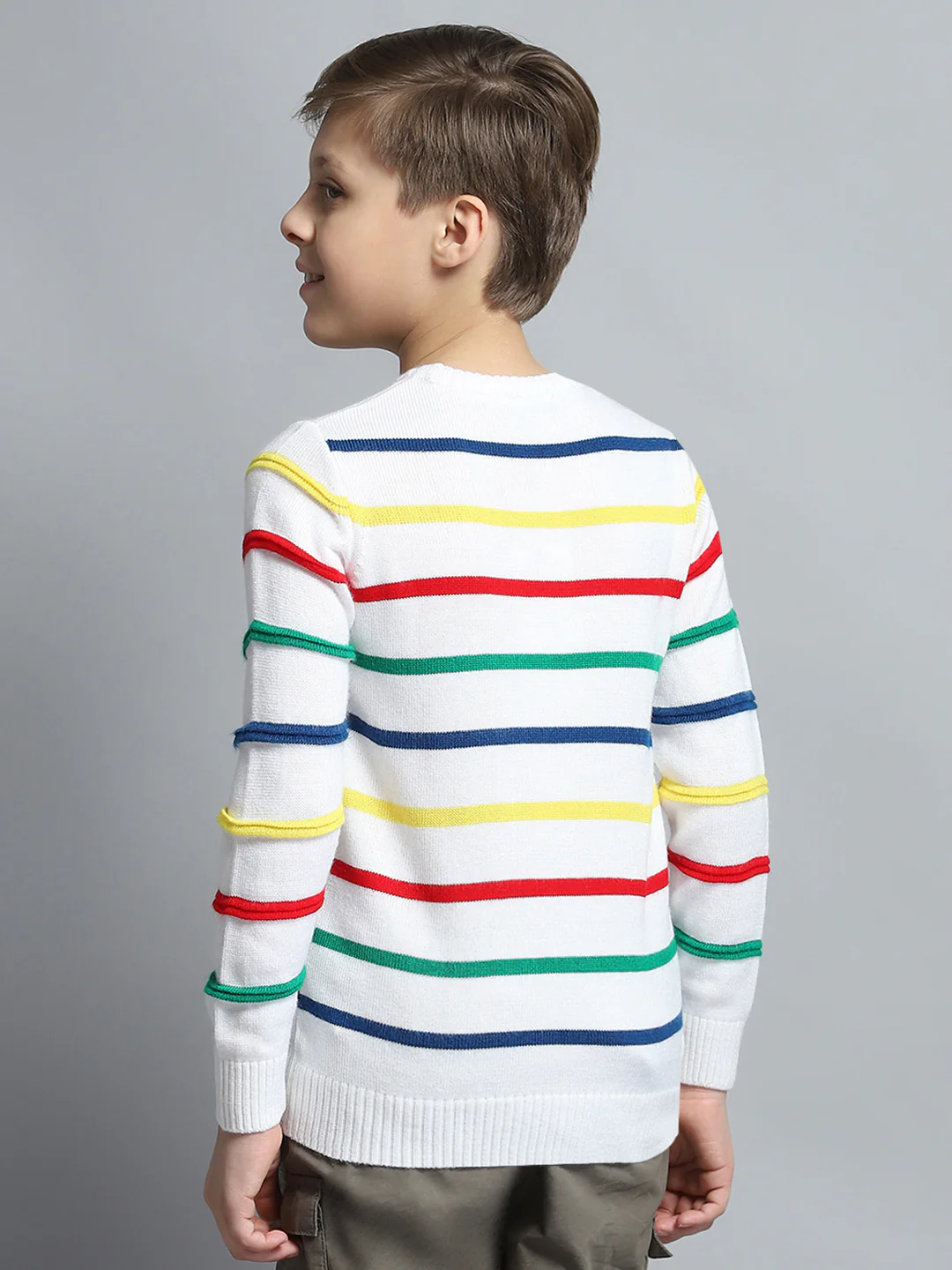 Boys White Stripe Round Neck Full Sleeve Pullover - Image 5